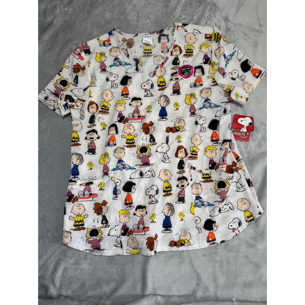 Peanuts Womens XL Scrub Top With Snoopy & Friends Print